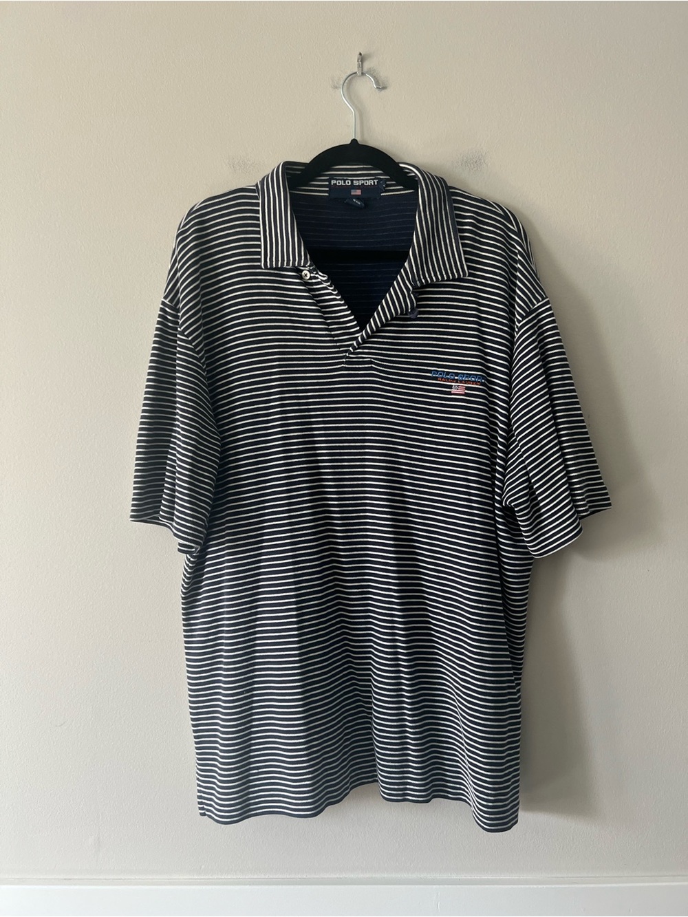 Vintage Polo Sport Ralph Lauren XL Navy White Striped Polo USA Flag 100% Cotton